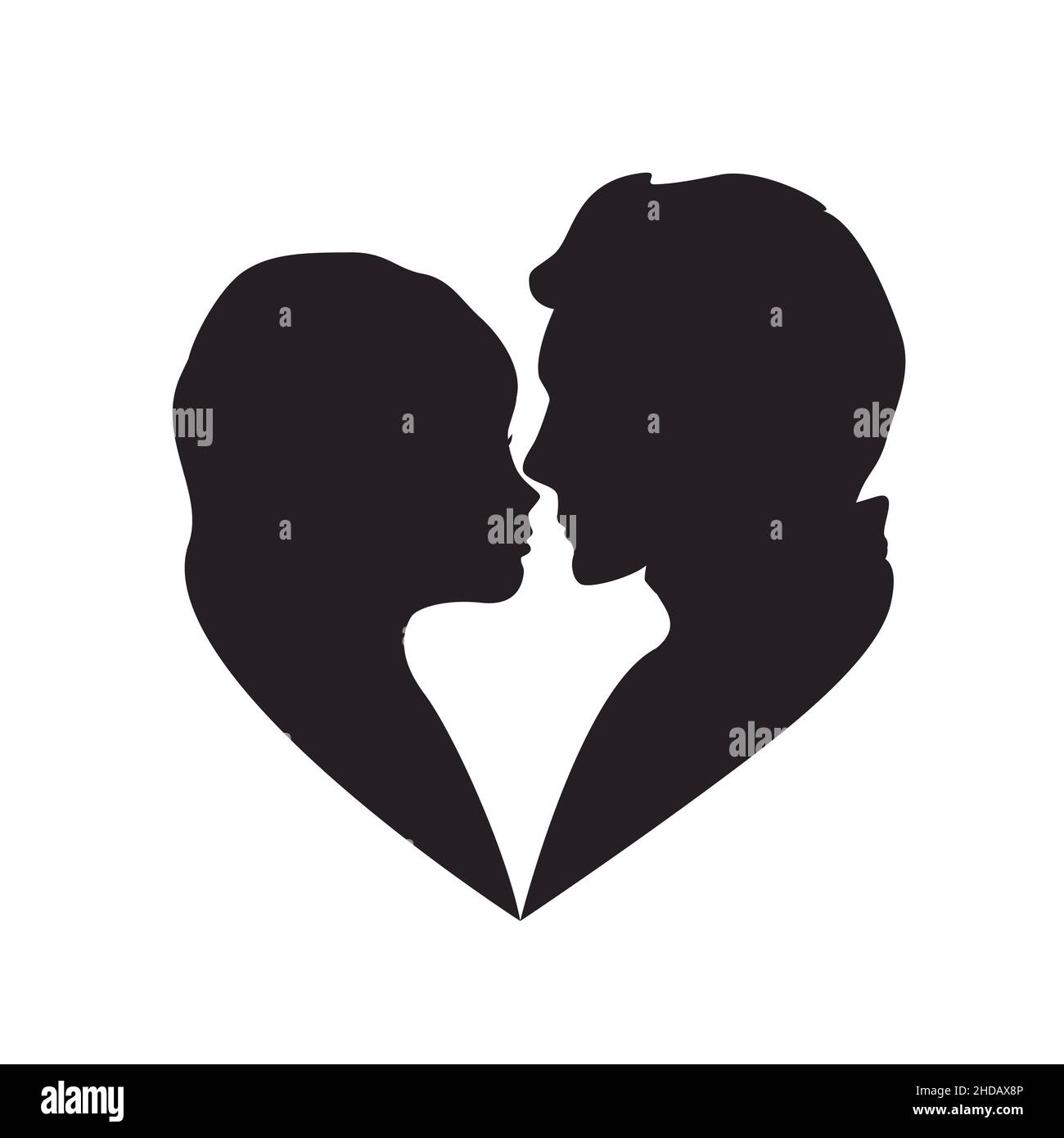 Herzförmige Silhouette von liebenden Mann und Frau, die einander auf weißem Hintergrund isoliert betrachten. Profile mit schwarzen Teilflächen im Vektor. Paar küssen sich Stock Vektor