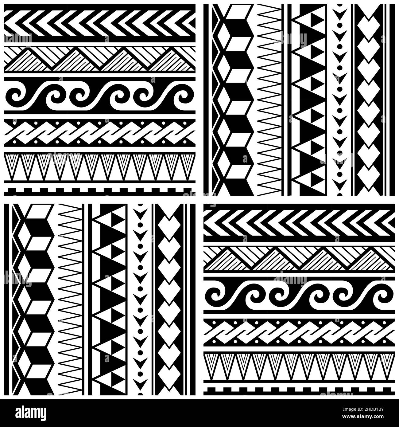 Polynesisches nahtloses Vektor-Muster mit geometrischen Formen - Dreiecke, Wellen-Zick-Zack, ethnischer hawaianischer Textil- oder Stoffdruck in Schwarz und Whtie Stock Vektor