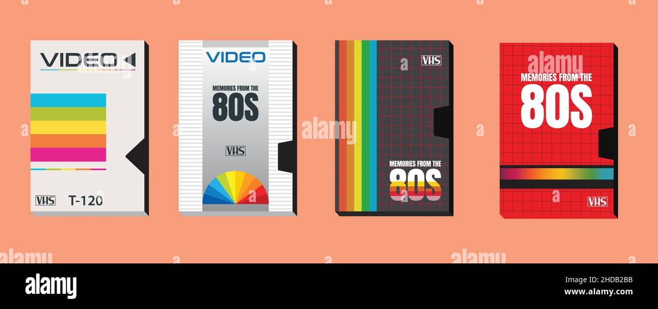 Sammlung von Vektorkassetten alten 80er Jahre Stil Grafiken. Unglaubliche Super-Blockbuster-Videos. VHS-Effekt. Stil der 80er und 90er. Retro-Bezug im Vintage-Stil. Stock Vektor