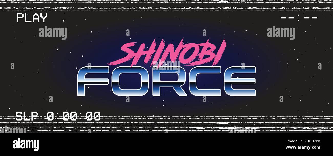 Retro Future Logo 80er Jahre Style Vektor-Kunst, VCR VHS Style Magenta Gradient. Glitch-Bildschirm im Sci-Fi-Stil mit Titel. Synthwave-Vorlagengrafik Stock Vektor