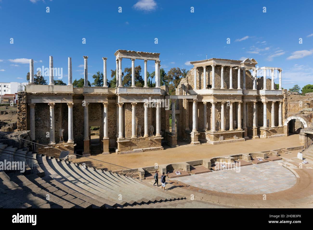 Das römische Theater, Merida, Provinz Badajoz, Extremadura, Spanien. Das Theater wurde ursprünglich in den Jahren 16 bis 15 v. Chr. erbaut. Das Archäologische Ensem Stockfoto