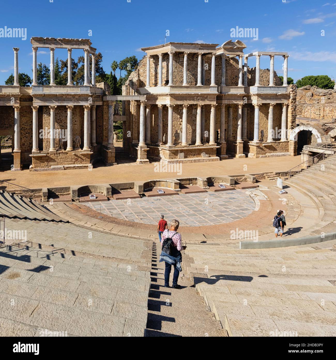 Das römische Theater, Merida, Provinz Badajoz, Extremadura, Spanien. Das Theater wurde ursprünglich in den Jahren 16 bis 15 v. Chr. erbaut. Das Archäologische Ensem Stockfoto