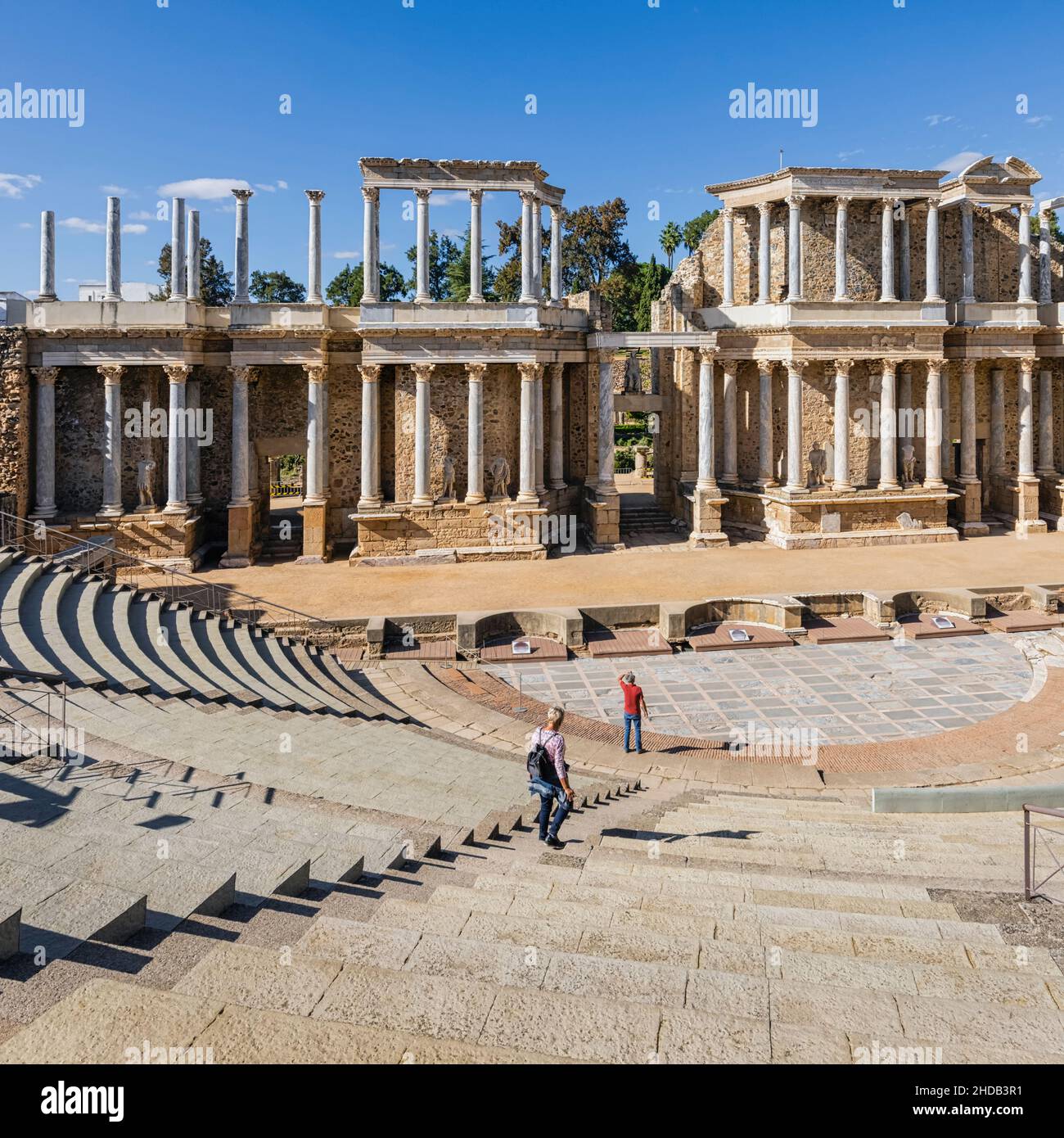 Das römische Theater, Merida, Provinz Badajoz, Extremadura, Spanien. Das Theater wurde ursprünglich in den Jahren 16 bis 15 v. Chr. erbaut. Das Archäologische Ensem Stockfoto