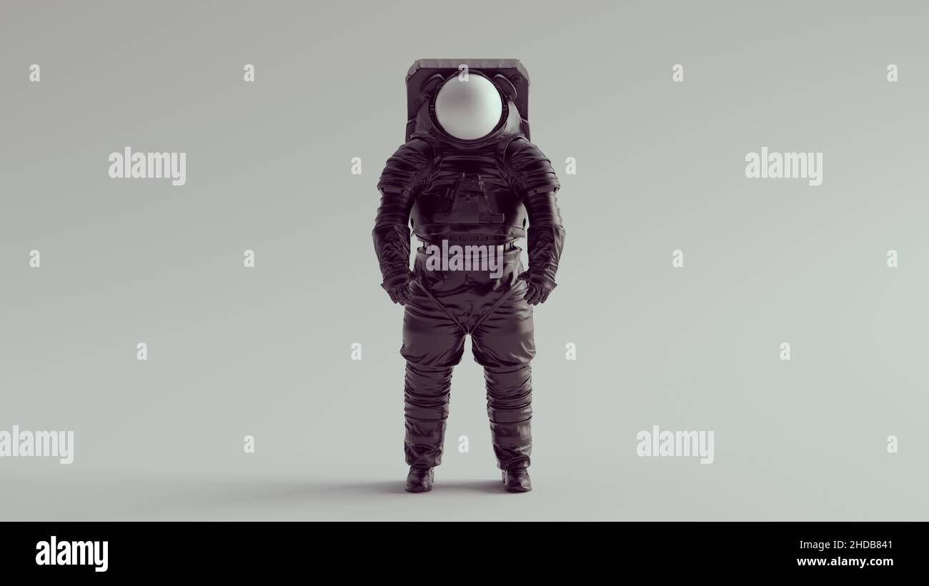 Schwarzer Astronauten-Kosmonauten-mit weißem Helm Visier Vorderansicht Spaceman Spacewalk Space Technology 3D Illustration Rendern Stockfoto