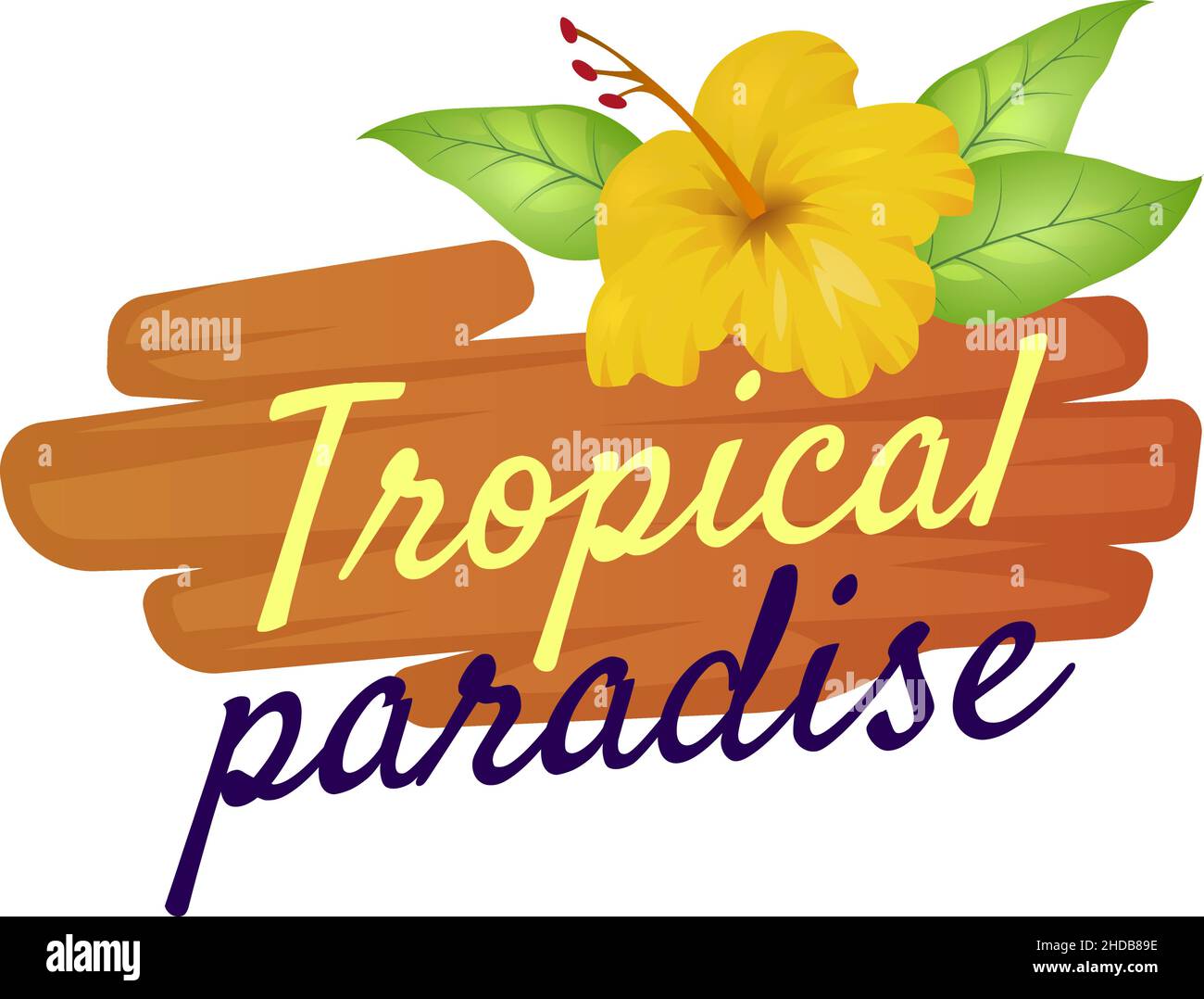 Logo „Tropical Paradise“. Hibiskusblüte auf Holzschild Stock Vektor