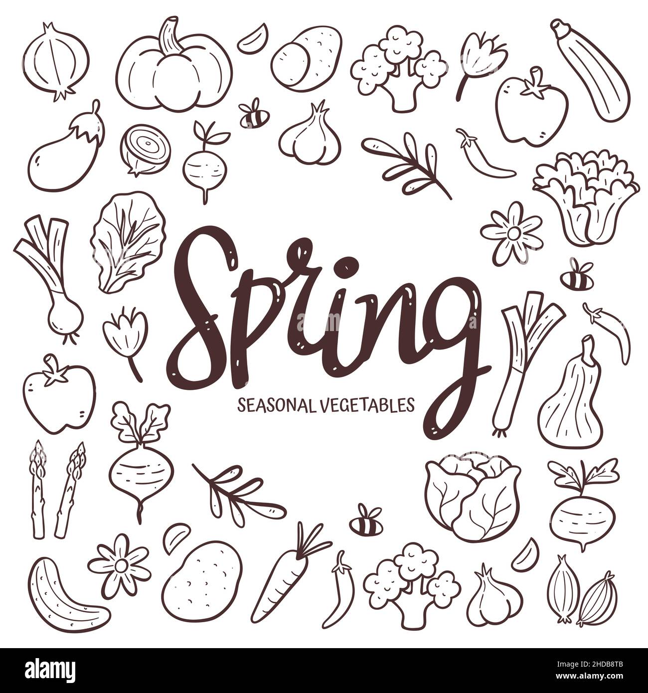 Saisonales Gemüse im Hintergrund. Handgezeichnete Frühlingsgemüse Komposition aus Doodle Vektor-Icons, isoliert auf weißem Hintergrund. Stock Vektor