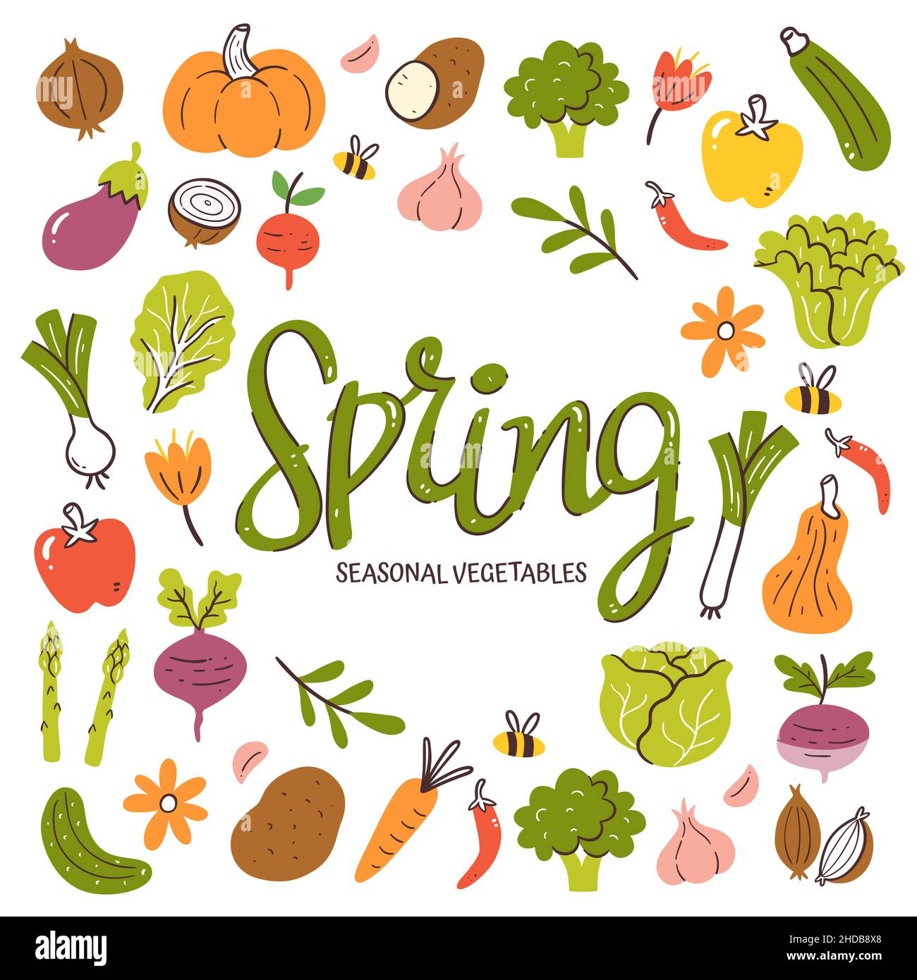 Saisonales Gemüse im Hintergrund. Frühlingsgemüse Komposition aus bunten handgezeichneten Vektor-Icons, isoliert auf weißem Hintergrund. Stock Vektor