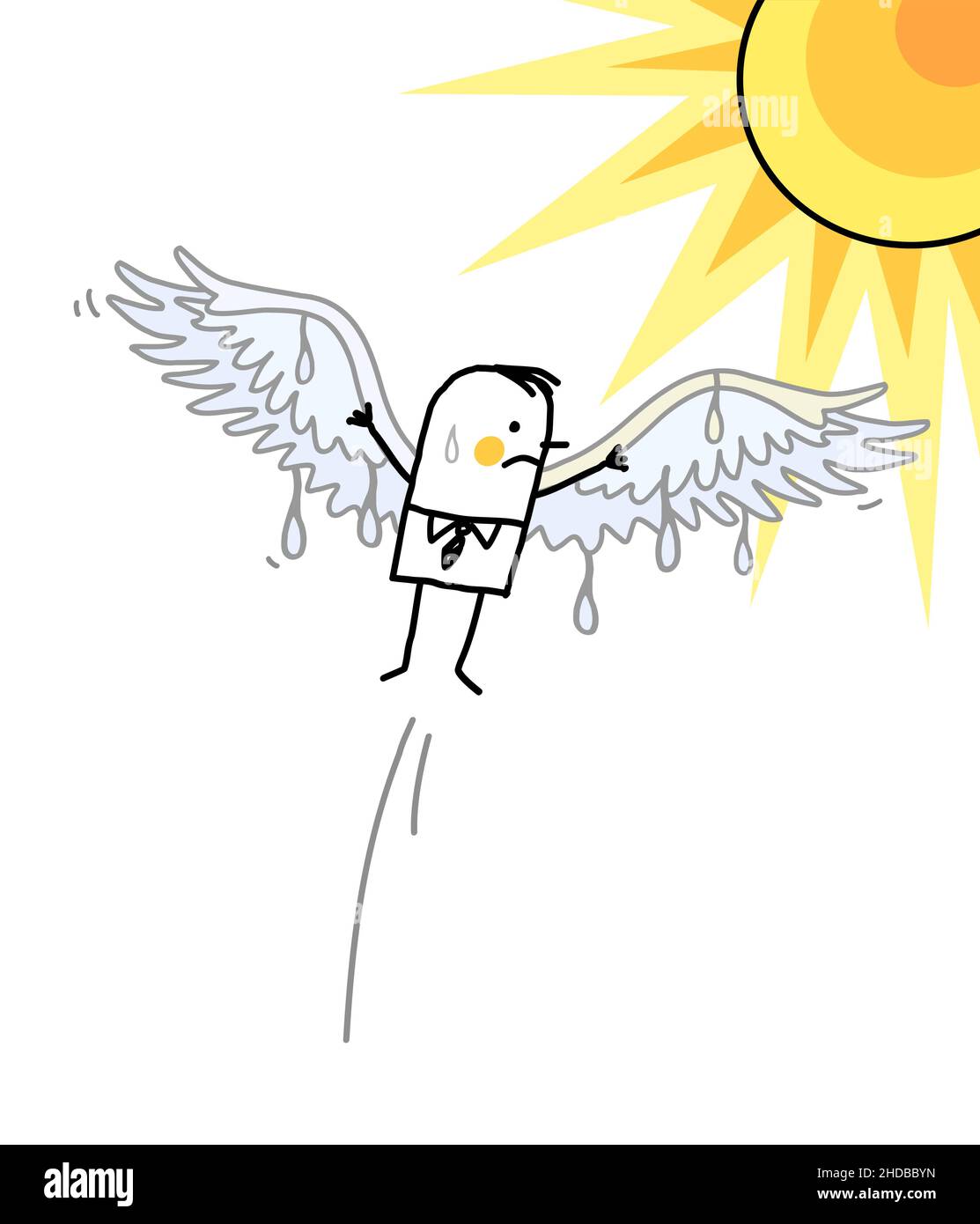 Handgezeichneter Cartoon Icarus brennt seine Flügel mit der Sonne Stock Vektor