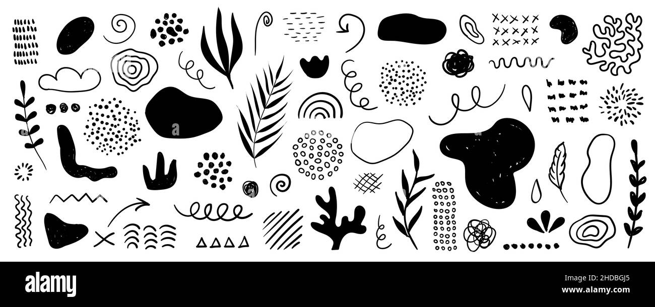 Organische Formen, Punkte, Pflanzen, Linien, Punkte. Vektor-Set von minimalistischen trendigen abstrakten handgezeichneten Elementen für grafisches Design Stock Vektor