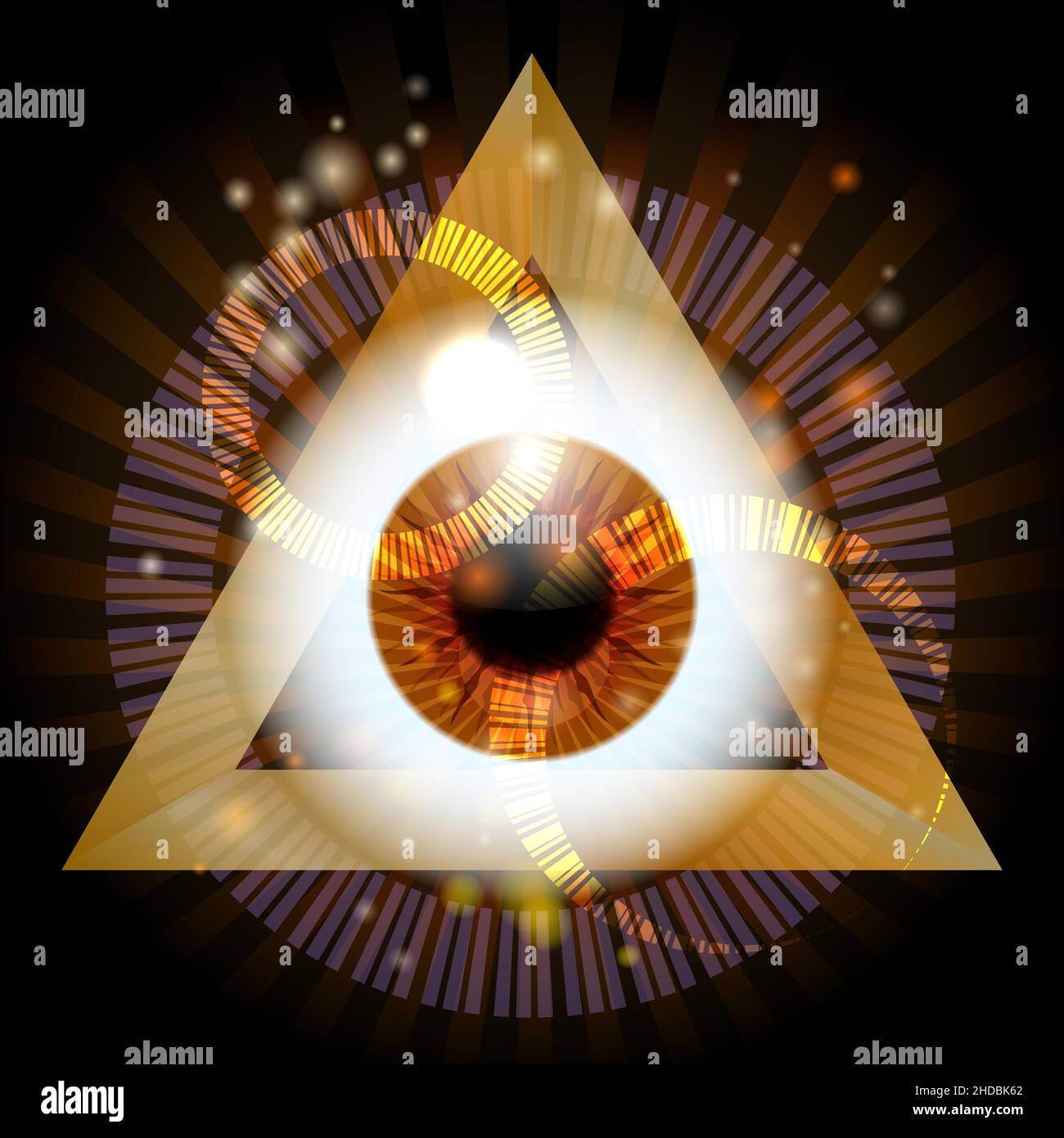 Alle sehen Augenfreimaurer-Symbol in goldenem Triange in einem Raum. Vektorgrafik. Stock Vektor