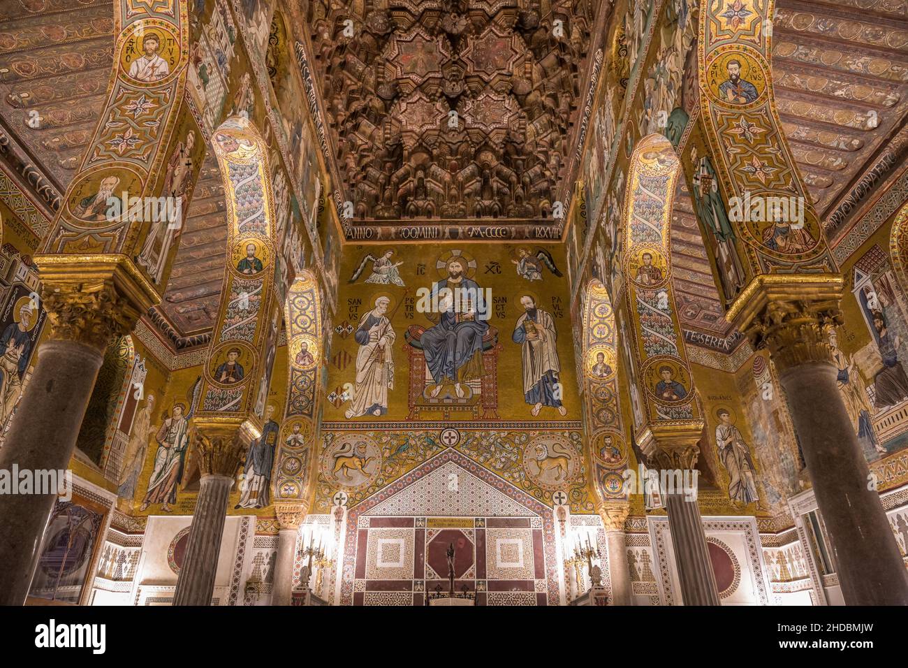 Jesus Christus, Petrus (l.) und Paulus (r.) Cappella Palatina, Normannenpalast, Palazzo dei Normanni, Palermo, Sizilien, Italien Stockfoto