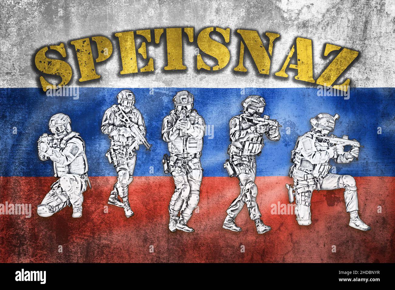 Darstellung des taktischen Teams der Spezialeinheiten in Aktion mit Spetsnaz-Etikett auf der grunge-Flagge der Russischen Föderation, unmarkiertes und nicht erkennbares SWAT-Team, spec Stockfoto