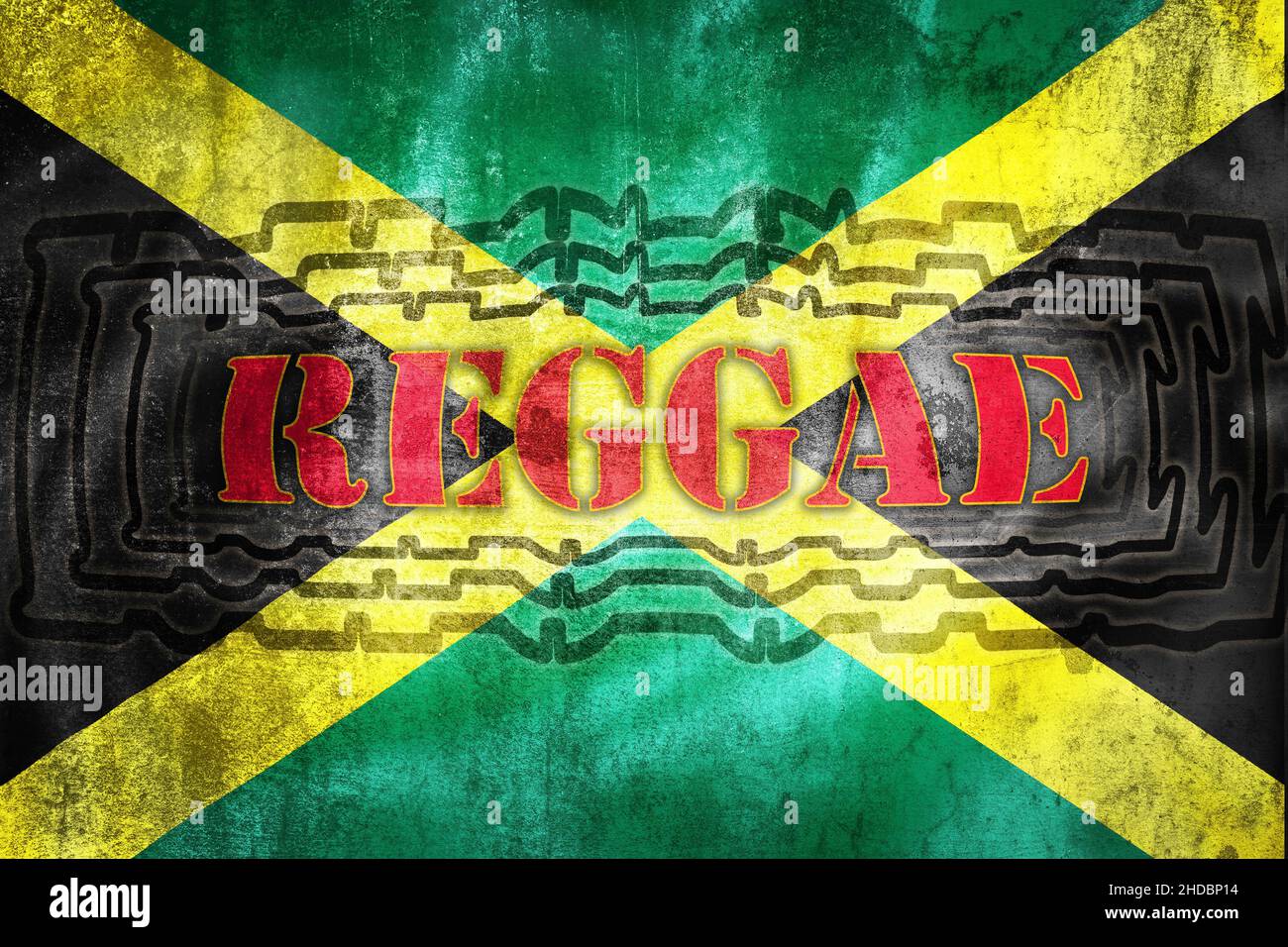 Reggae-Label-Illustration auf grunge Jamaica-Flagge, Symbol des Musikgenres Stockfoto