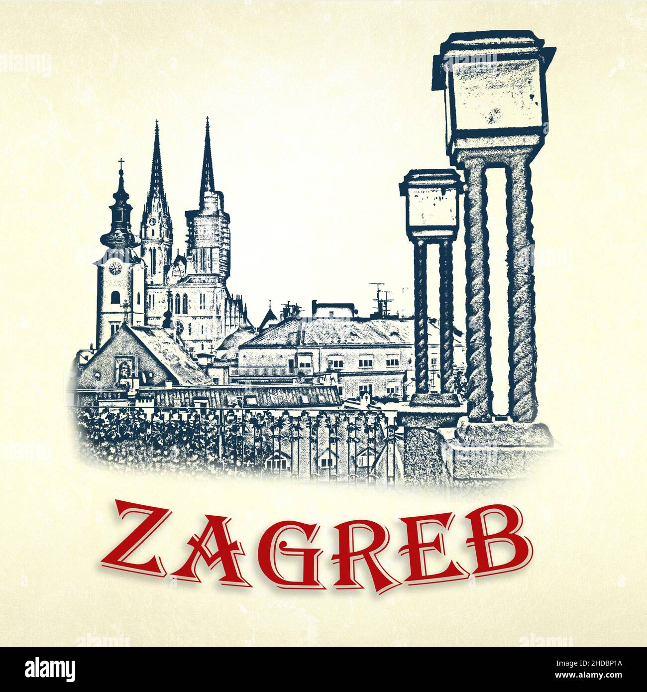 Zagreb-Illustration. Historische Zagreb Türme schwarz Skizze Ansicht mit Stadtnamen. Hauptstadt Kroatiens Stockfoto