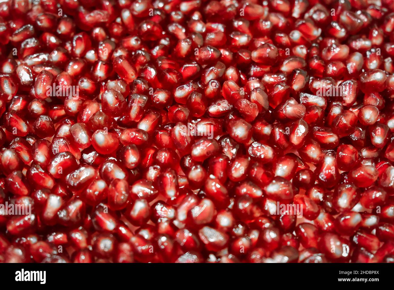Nahaufnahme von frischen und reifen Granatapfelkernen. Textur von Granatapfelsäen als Hintergrund. Stockfoto