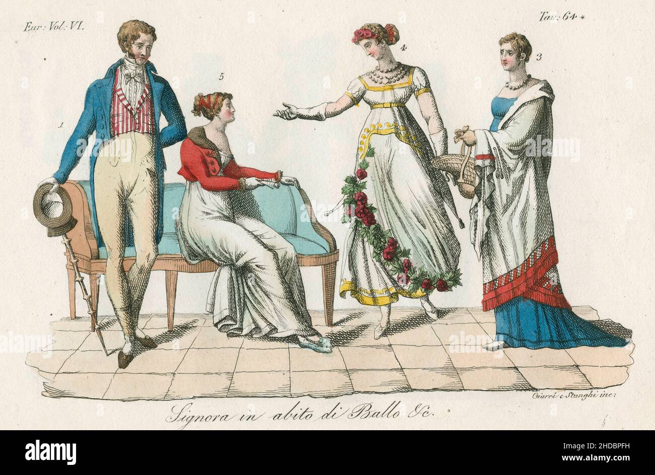 Antike c1830 handgetönte Gravur, Mode französischer Frauen in Ballkleider um 1820. Herausgegeben von Giulio Ferrario. QUELLE: ORIGINALGRAVUR Stockfoto