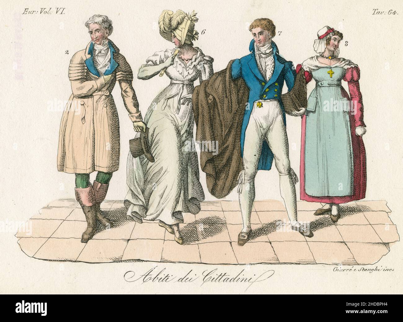 Antike c1830 handgetönte Gravur, Mode französischer Bürger um 1810. Herausgegeben von Giulio Ferrario. QUELLE: ORIGINALGRAVUR Stockfoto