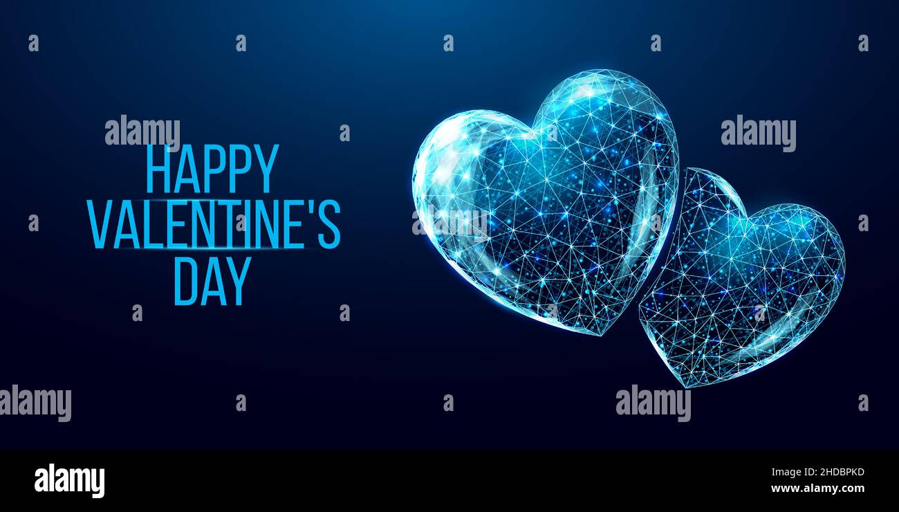 Alles gute zum Valentinstag. Drahtmodell Herz in Low-Poly-Stil. Abstrakte moderne 3D Vektor-Illustration auf dunkelblauem Hintergrund. Stock Vektor