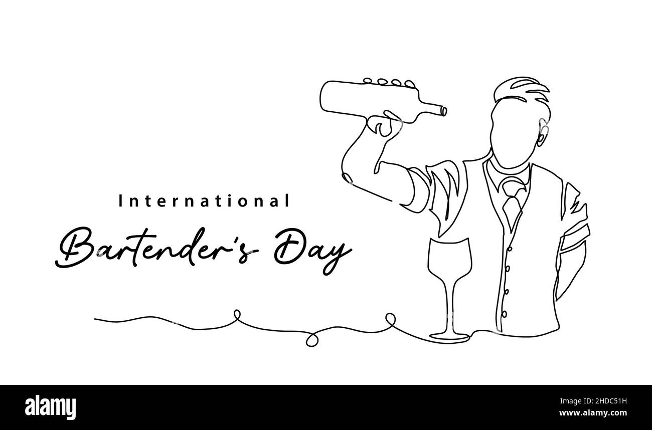 Barkeeper Day – einfache Vektorgrafik. Barkeeper oder Barista arbeiten mit minimalem Hintergrund, Banner, Poster. Eine kontinuierliche Linie Kunst Zeichnung für internationale Stock Vektor