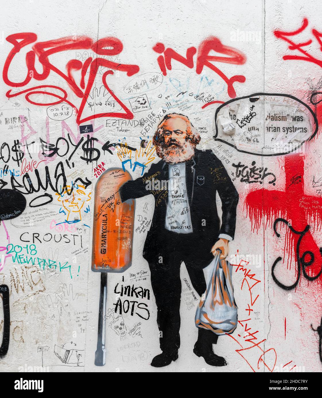 Karl Marx Karikatur an der Wand der East Side Gallery, Berlin, Deutschland, Europa Stockfoto