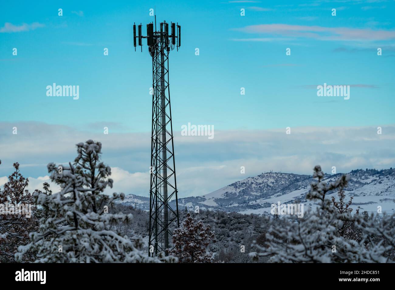 Cell Tower am Snowy Day. Oregon, Ashland, Cascade Siskiyou National Monument, Winter Stockfoto