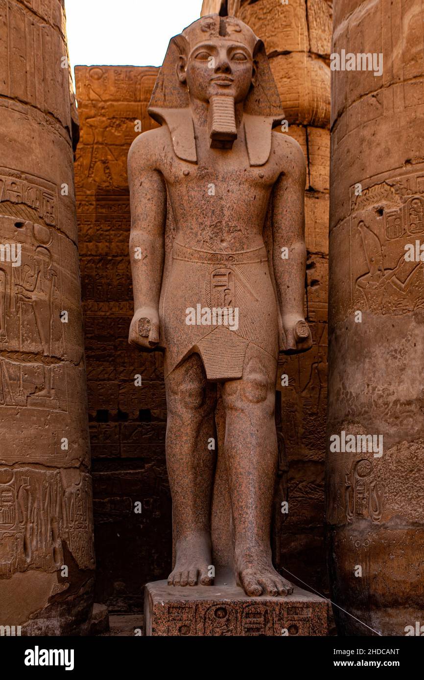 Statue von Ramses II mit Kartusche auf Schürzengürtel, Luxor Tempel, Theben, Ägypten, Luxor, Theben, Ägypten, Afrika Stockfoto