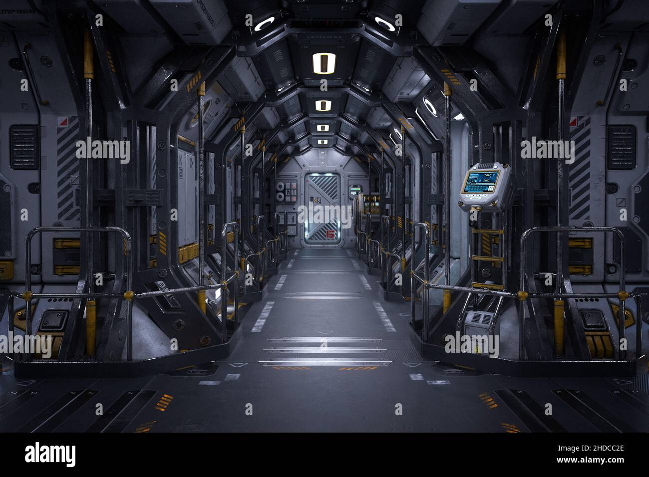 Futuristische Raumstation oder Raumschiff Innenkorridor. Science-Fiction-Konzept 3D Illustration. Stockfoto