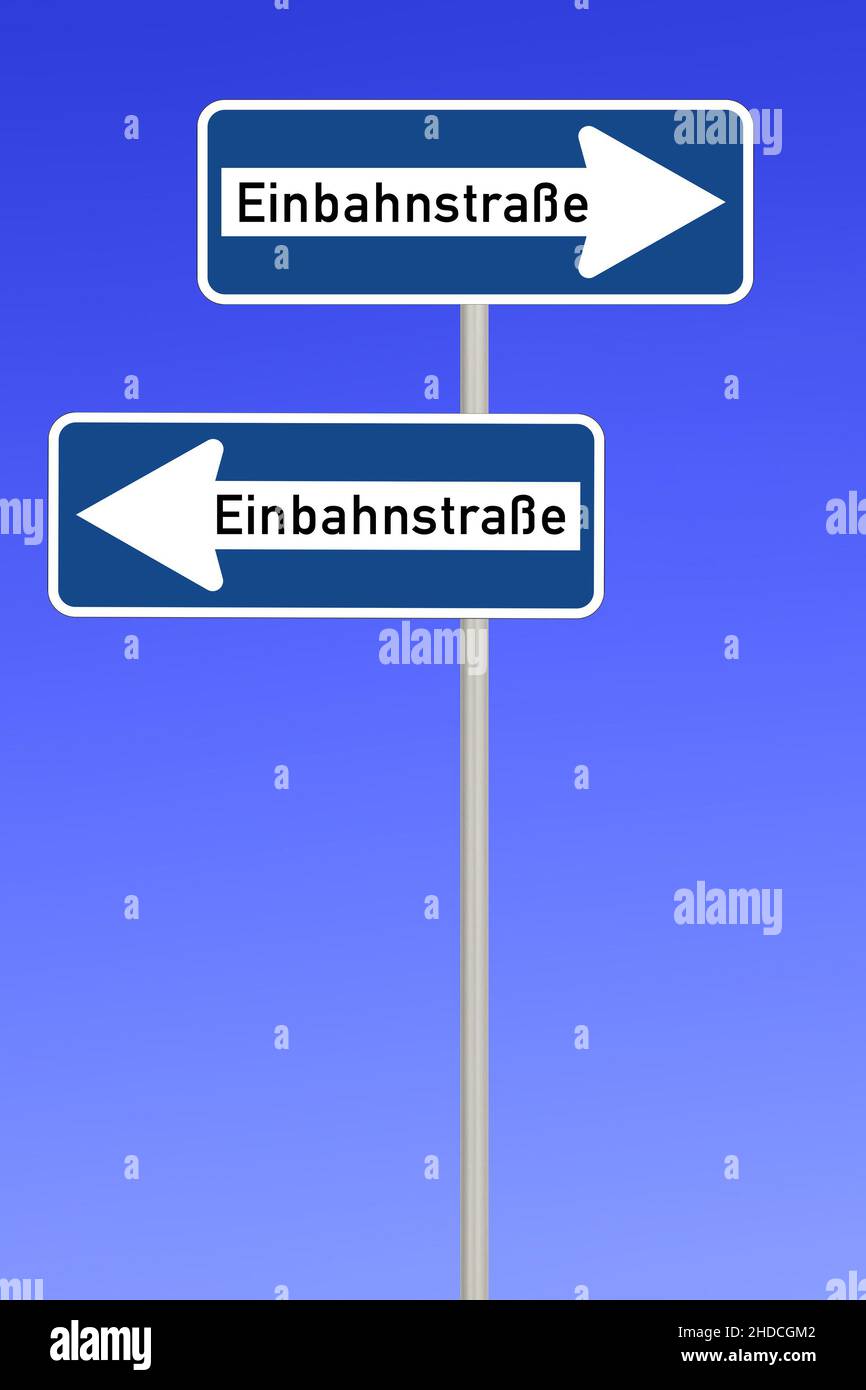 Verkehrsschilder, Einbahnstrasse in beide Richtungen, Irrtum, Schildbuergerstreich, Symbolfoto, Stockfoto