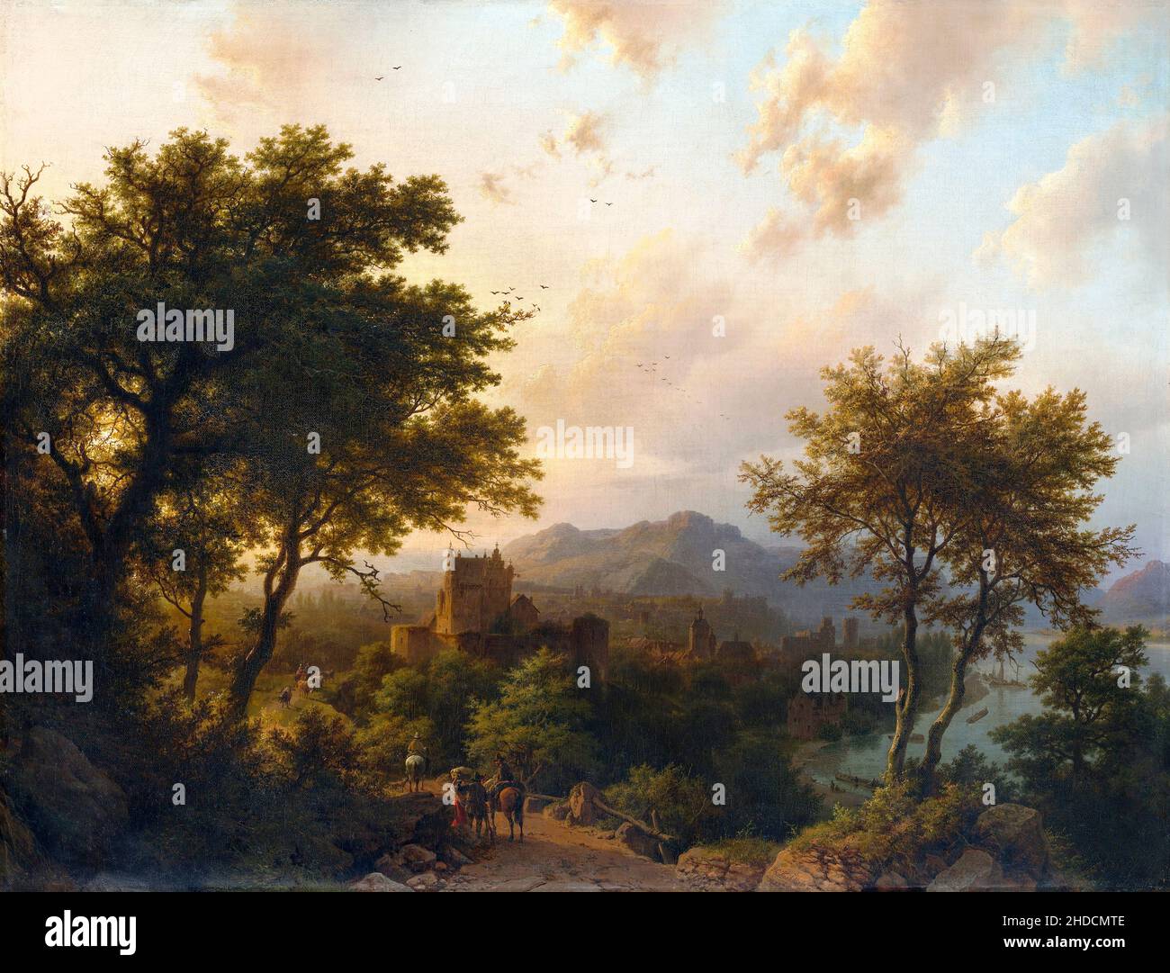 Sonnenuntergang am Rhein von Barend Cornelis Koekkoek (1803-1862), Öl auf Leinwand, 1853 Stockfoto