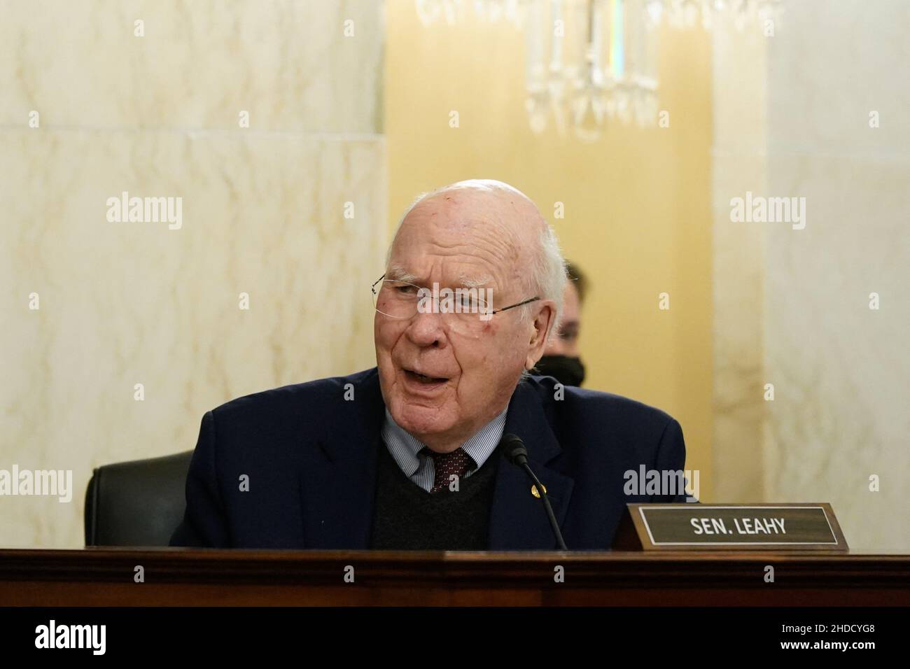 Der US-Senator Patrick Leahy (D-VT) spricht während einer Anhörung des Senats für Regeln und Verwaltungsausschuss zur Untersuchung der US-Polizei des Kapitols nach dem Angriff auf das Kapitol am 6. Januar 2021, einen Tag vor dem Jahrestag des Angriffs in Washington, DC, USA, am 5. Januar 2022. Foto von Elizabeth Frantz/Pool/ABACAPRESS.COM Stockfoto