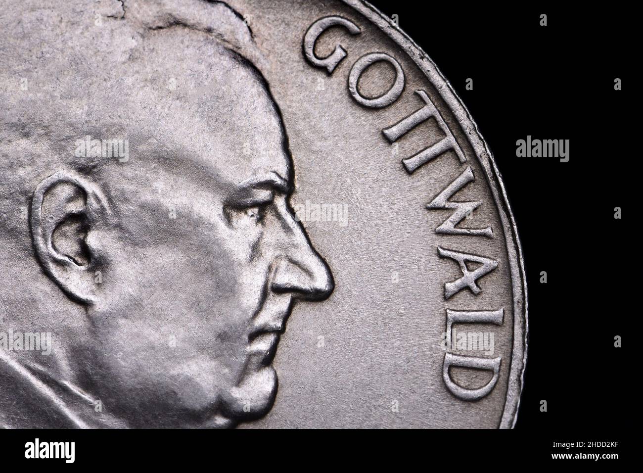 Tschechoslowakische Münze (1951) : Präsident Klement Gottwald 10Kc Münze Stockfoto