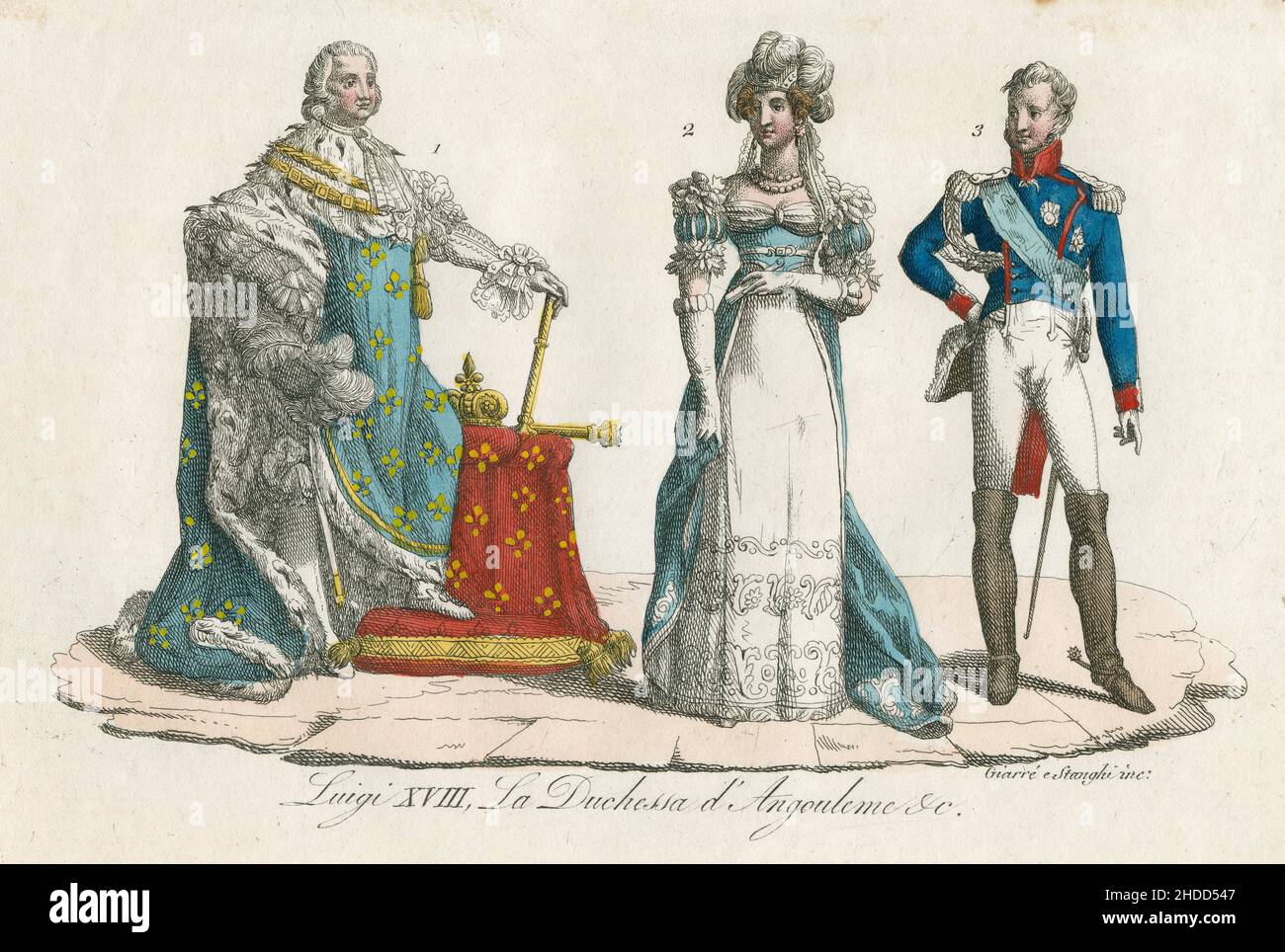 Antike c1830 handgetönte Gravur, französische Königsmode aus dem 19th. Jahrhundert mit Ludwig XVIII. (1755-1824) und Marie-Thérèse, Herzogin von Angoulême (1778-1851). Herausgegeben von Giulio Ferrario. QUELLE: ORIGINALGRAVUR Stockfoto