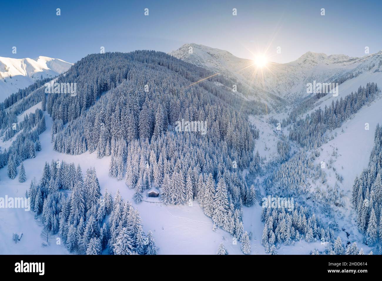 Einsame Einzelhütte auf Waldlichtung in verschneiten österreichischen Bergen im Winter mit Sonnenstrahlen auf Bergrücken Stockfoto