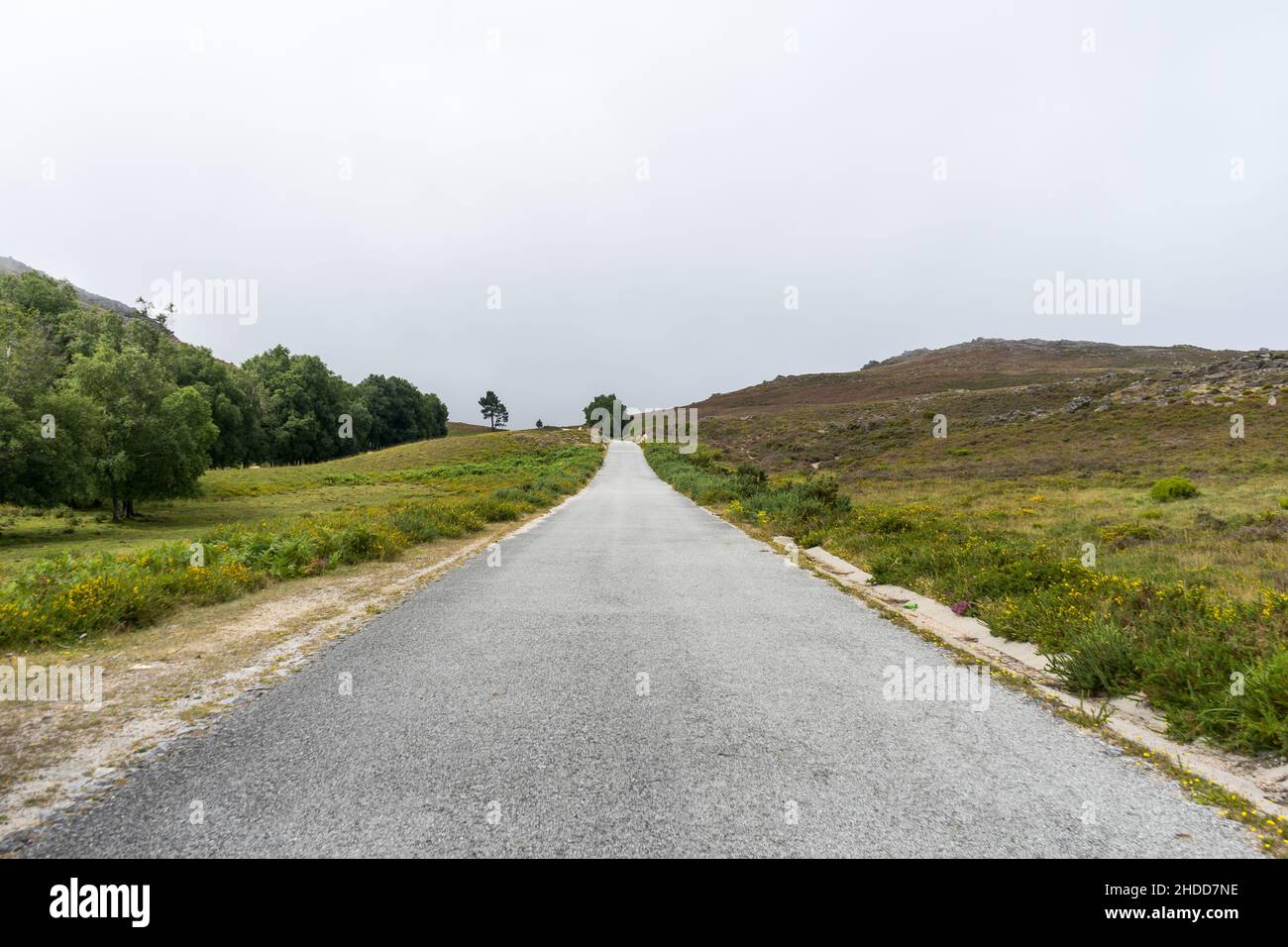 Blick auf die Straße in den Bergen von Geres, Portugal. Wolkiger Himmel. Stockfoto