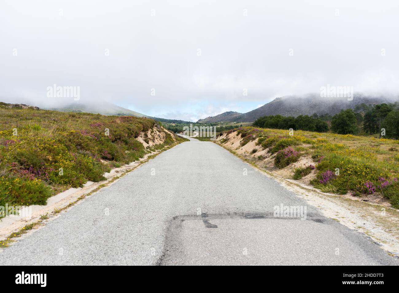 Blick auf die Straße in den Bergen von Geres, Portugal. Wolkiger Himmel. Stockfoto