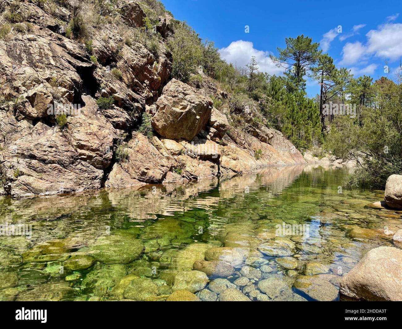 Fluss Solenzara mit klarem, smaragdgrünem Wasser am Fuße der Bavella-Gipfel im Süden Korsikas, Frankreich. Stockfoto