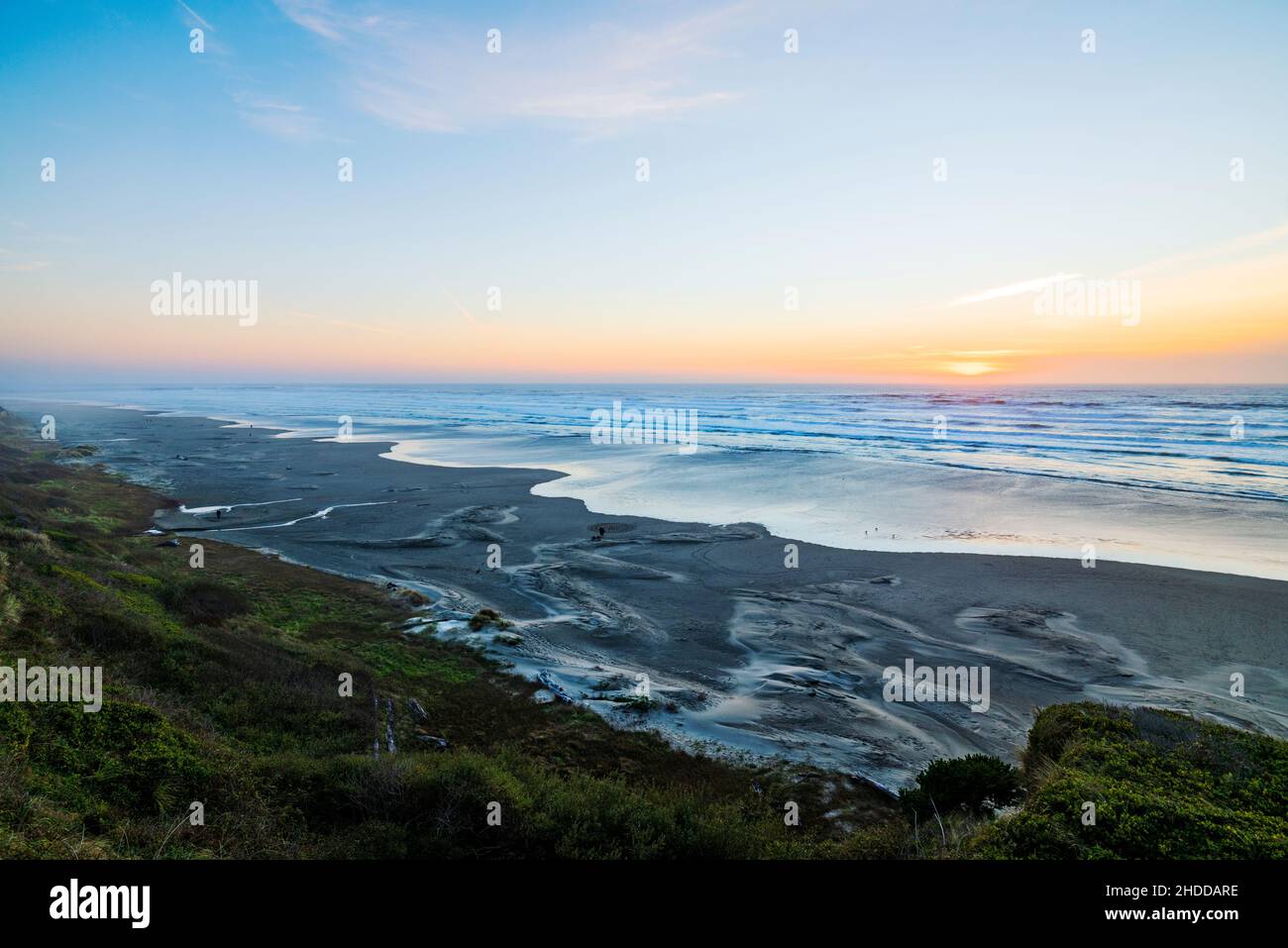 Blick auf den Sonnenuntergang südlich von Dünengräsern; Wellen und Strand; Pazifischer Ozean; Newport; Oregon; USA Stockfoto