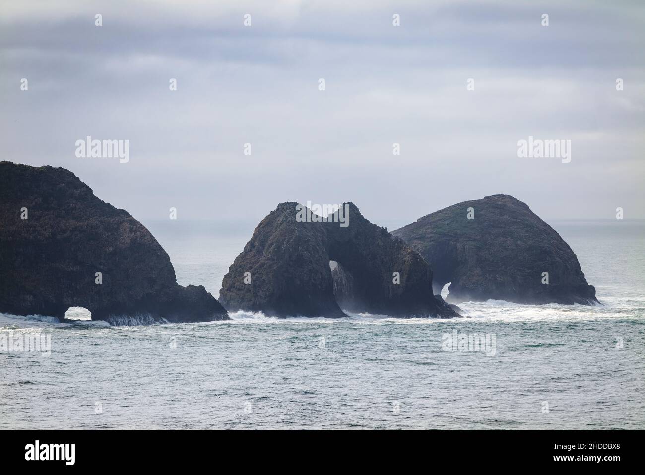 Große Felsformationen; Pazifischer Ozean; Küste von Oregon; vom Cape Meares Lighthouse aus gesehen; in der Nähe von Tillamook; Oregon; USA Stockfoto