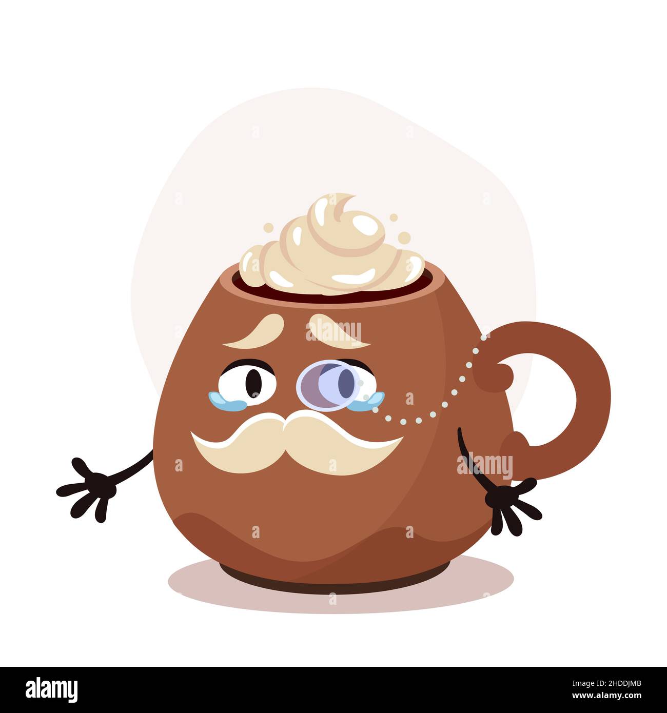 Cartoon-Kaffeetasse mit Schlagsahne. Cartoon-Figur alter Gentleman. Heißer Weihnachtsdrink. Lustige Vektor-Illustration für Sticker-Pack Stock Vektor