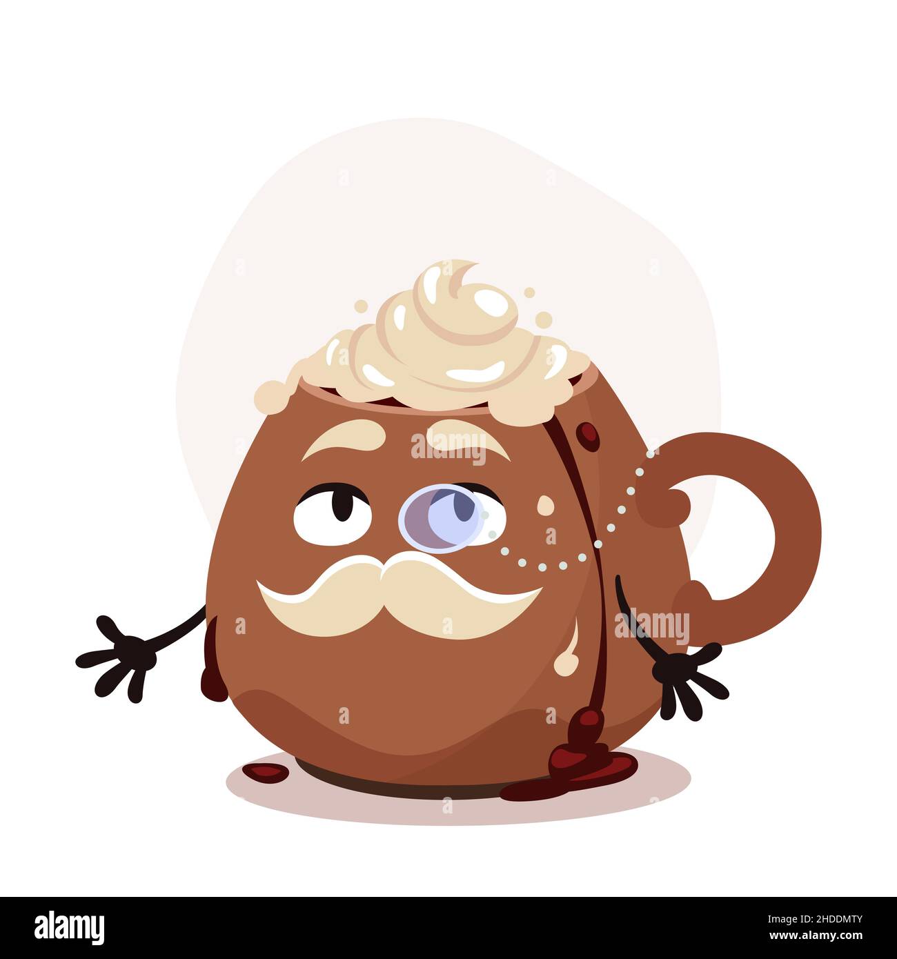 Cartoon-Kaffeetasse mit Schlagsahne. Cartoon-Figur alter Gentleman. Heißer Weihnachtsdrink. Lustige Vektor-Illustration für Sticker-Pack Stock Vektor