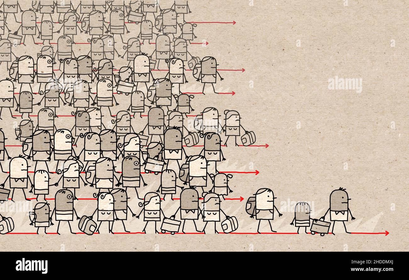 Handgezeichnet Cartoon große Gruppe von wandernden Menschen Stockfoto