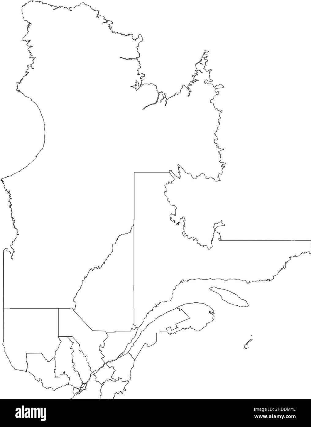 Weiße flache leere Vektor-Verwaltungskarte der Regionen der kanadischen Provinz QUEBEC, KANADA mit schwarzen Grenzlinien ihrer Regionen Stock Vektor