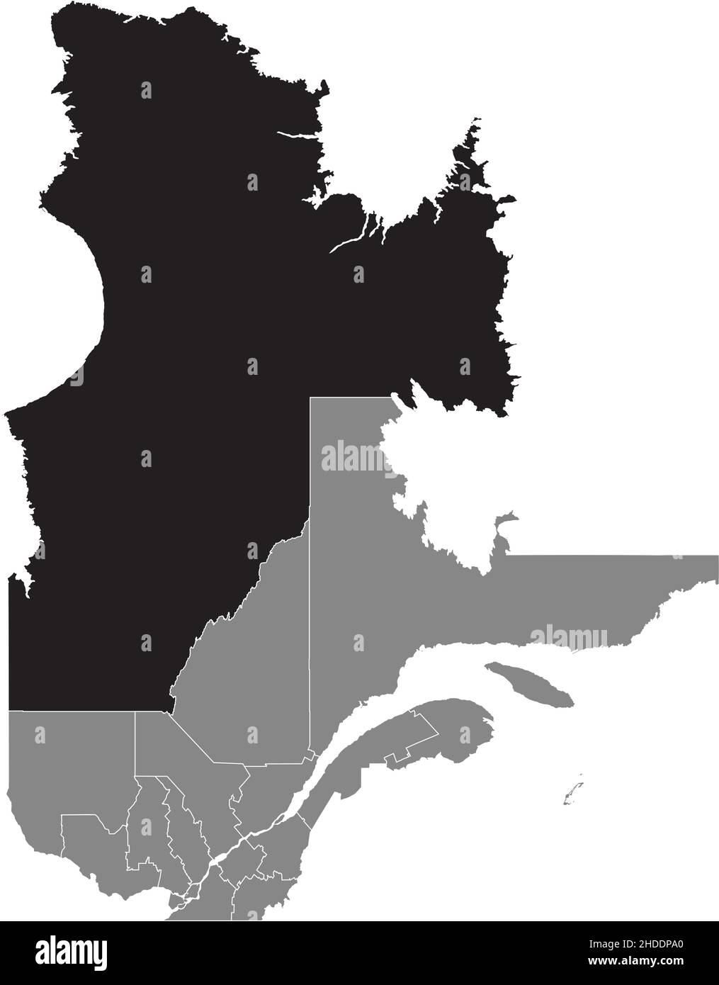 Schwarze, flache, leere, markierte Standortkarte der Region Nord-DU-QUEBEC in der grauen Verwaltungskarte der kanadischen Provinz Quebec, Kanada Stock Vektor