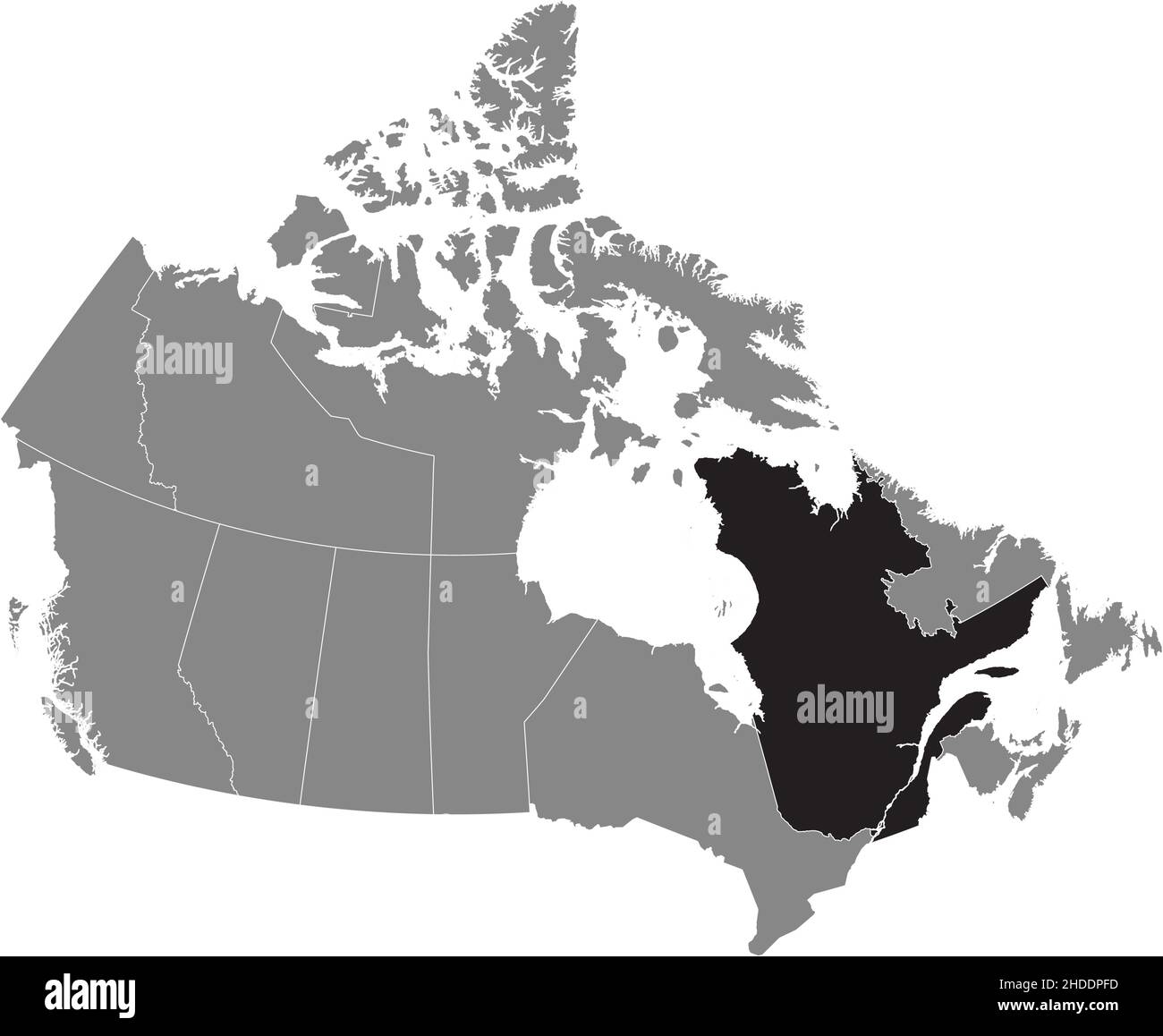 Schwarz flach leer hervorgehoben Locator Verwaltungskarte der kanadischen Provinz QUEBEC innen grau flache Karte von KANADA Stock Vektor
