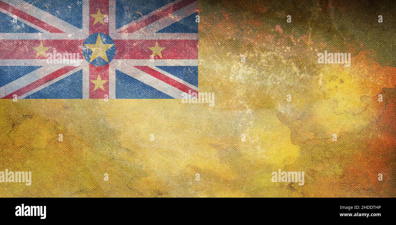Draufsicht auf die offizielle Retro-Flagge Niue mit Grunge-Textur. patriot- und Reisekonzept. Kein Fahnenmast. Ebenendesign, Layout. Hintergrund markieren Stockfoto