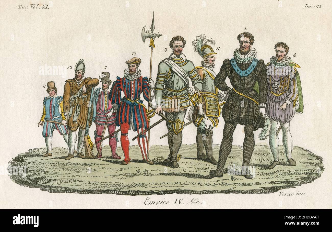 Antike c1830 handgetönte Gravur, französische Königsmode aus dem 16th. Jahrhundert mit Heinrich IV. Von Frankreich (1553-1610). Herausgegeben von Giulio Ferrario. QUELLE: ORIGINALGRAVUR Stockfoto
