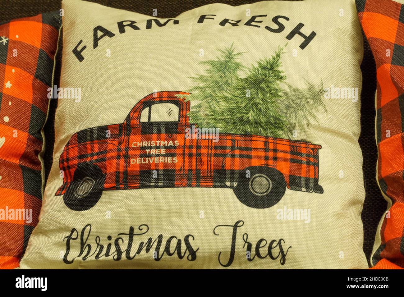 Nahaufnahme eines orangefarbenen karierten Wurfkissens „Farm Fresh Christmas Tree“, auf dem geschrieben ist Stockfoto