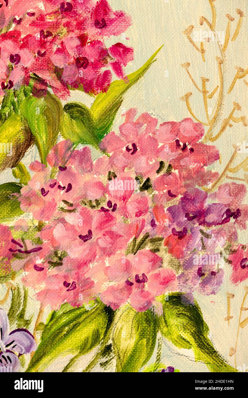 Detail des Stilllebens Hand gemacht Ölgemälde Darstellung von Blumen auf Leinwand, Impressionismus Stil. Stockfoto