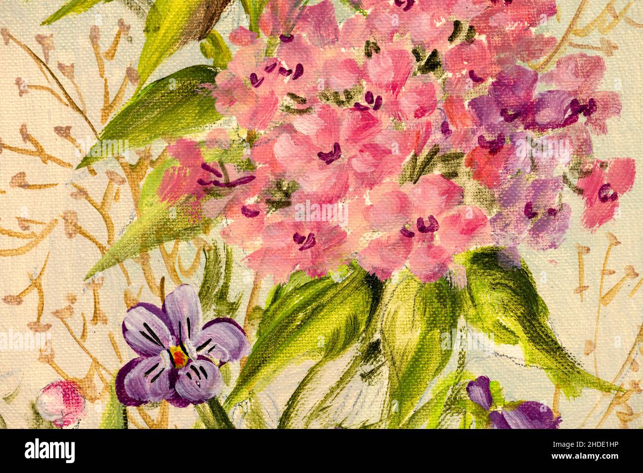 Detail des Stilllebens Hand gemacht Ölgemälde Darstellung von Blumen auf Leinwand, Impressionismus Stil. Stockfoto