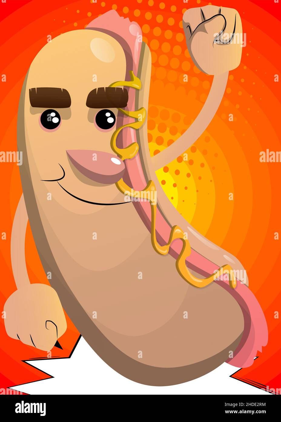 Hot Dog macht den Menschen die Faust. Amerikanisches Fast Food als Zeichentrickfigur mit Gesicht. Stock Vektor